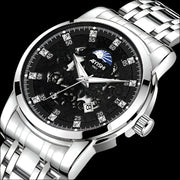 AYISHI luxury watch with embossed black dial, luminous hands, and stainless steel band, showcasing sophistication and style.
