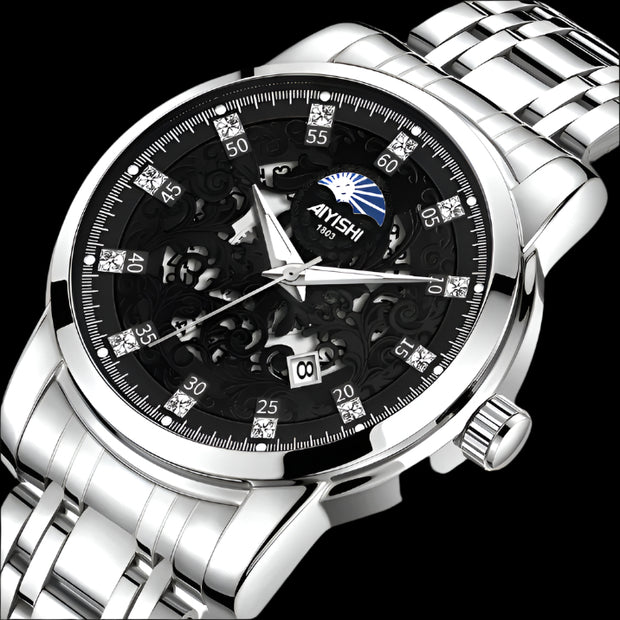 AYISHI luxury watch with embossed black dial, luminous hands, and stainless steel band, showcasing sophistication and style.
