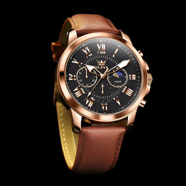 Luxury men's sports watch with brown leather band, black dial, and chronograph functionality.