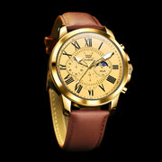 Luxury men's watch with gold-tone dial, brown leather strap, and chronograph features for style and durability.