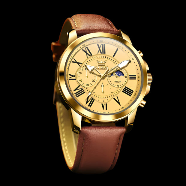 Luxury men's watch with gold-tone dial, brown leather strap, and chronograph features for style and durability.