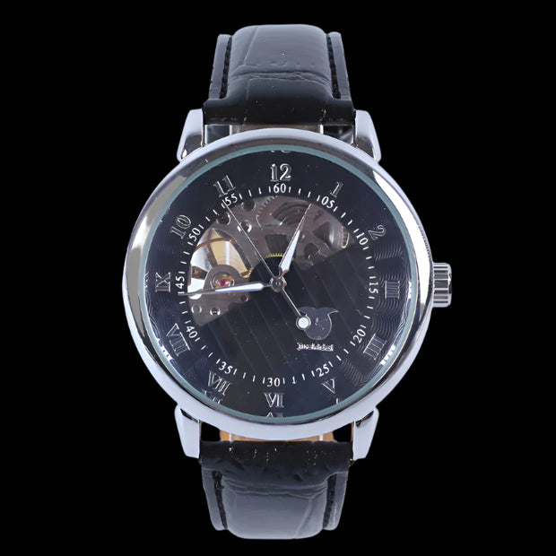 Luxury waterproof watch with polished stainless steel case and elegant black dial design.