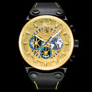 Luxury watch with black leather strap and gold face on a white background