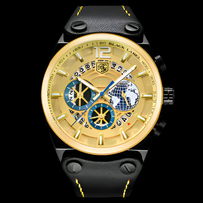 Luxury watch with black leather strap and gold face on a white background