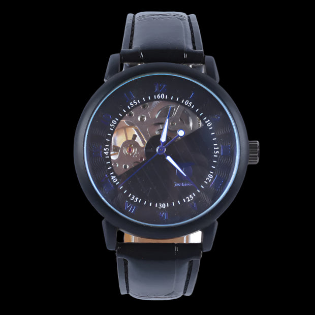 Luxury waterproof watch with polished stainless steel case and sleek black leather strap.