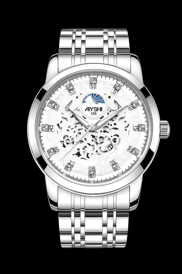 AYISHI luxury watch with embossed dial, luminous hands, and stainless steel band, showcasing elegant craftsmanship.