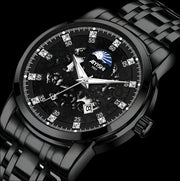 AYISHI luxury watch with intricate embossed dial and stainless steel band, showcasing elegance and precision.