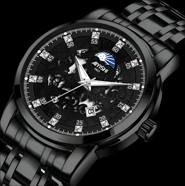 AYISHI luxury watch with intricate embossed dial and stainless steel band, showcasing elegance and precision.