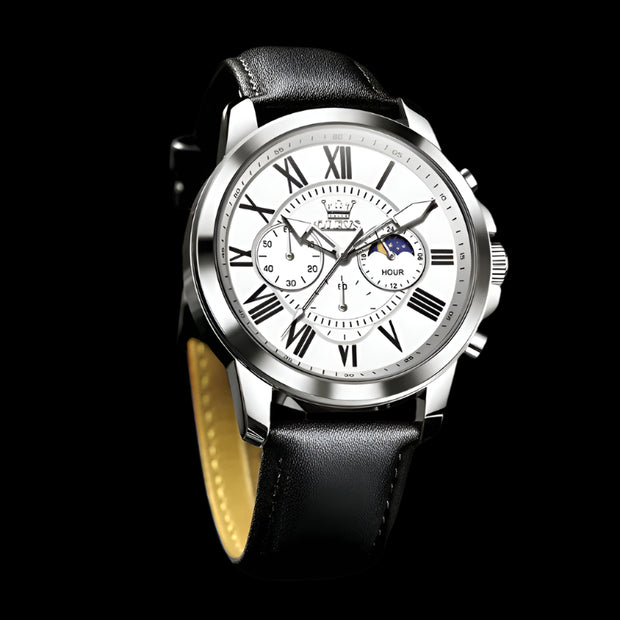 Luxury men's chronograph watch with stainless steel case and black leather strap, featuring luminous markers and water resistance.