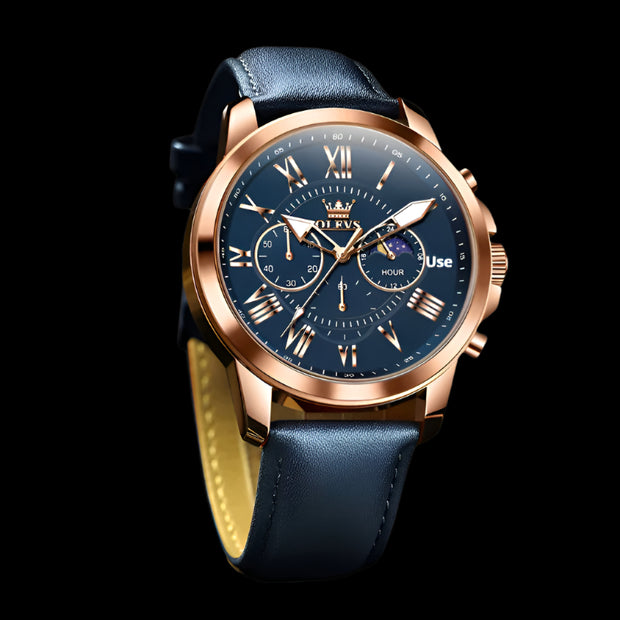 Luxury men’s sports watch with black leather strap, rose gold case, and sleek blue dial featuring chronograph functionality.