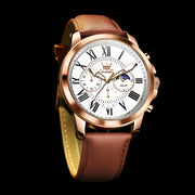 Luxury men's sports watch with rose gold case, white dial, and brown leather strap, featuring chronograph and water resistance.