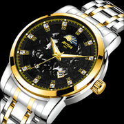 AYISHI luxury watch featuring an embossed black dial, luminous hands, and stainless steel band.
