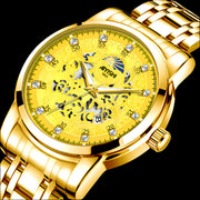 AYISHI luxury watch with intricate yellow dial, luminous hands, and stainless steel band, showcasing refined elegance.